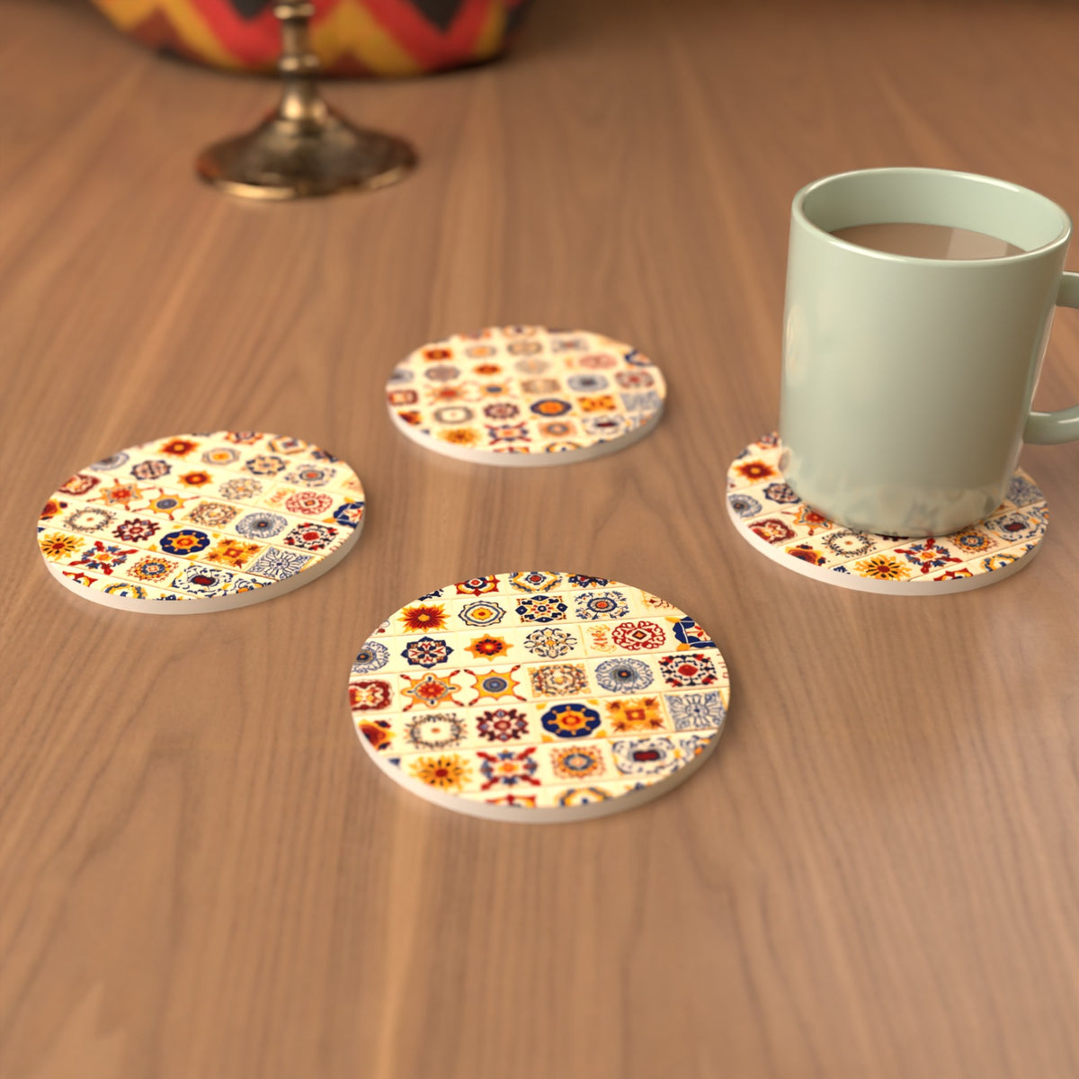 Blue & Orange Patterned Tiles Round Ceramic Coasters – Set of 6 – cosy lifestyle mockup