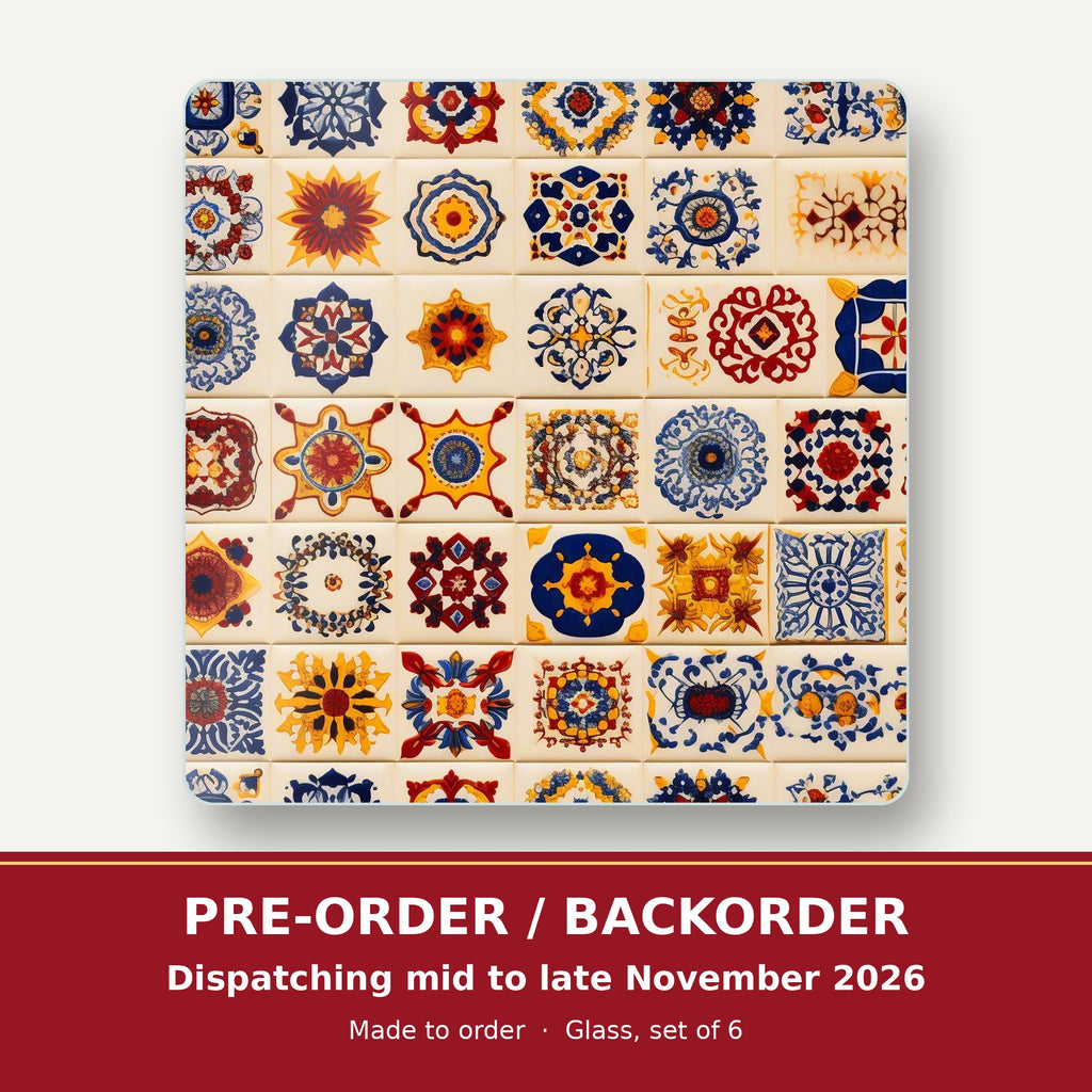 Blue & Orange Patterned Tiles square glass coaster set of 6 – pre-order / backorder, dispatching mid to late November 2026