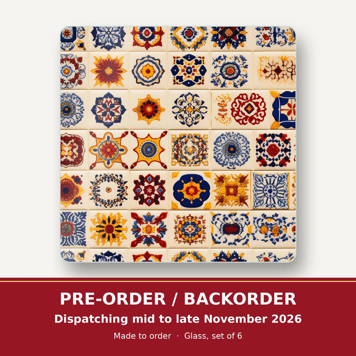 Blue & Orange Patterned Tiles square glass coaster set of 6 – pre-order / backorder, dispatching mid to late November 2026