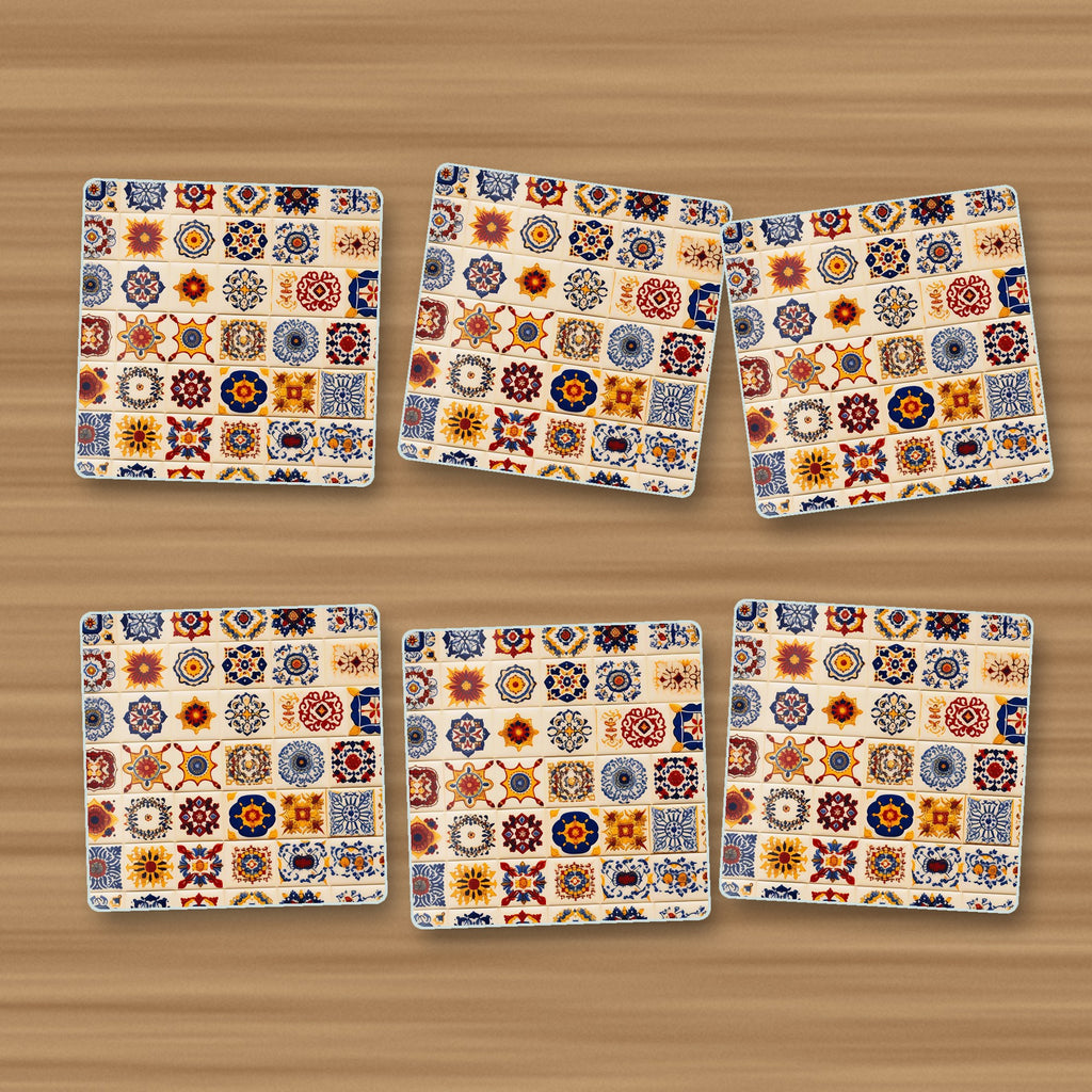 Blue & Orange Patterned Tiles square glass coasters, set of 6, on an oak coffee table