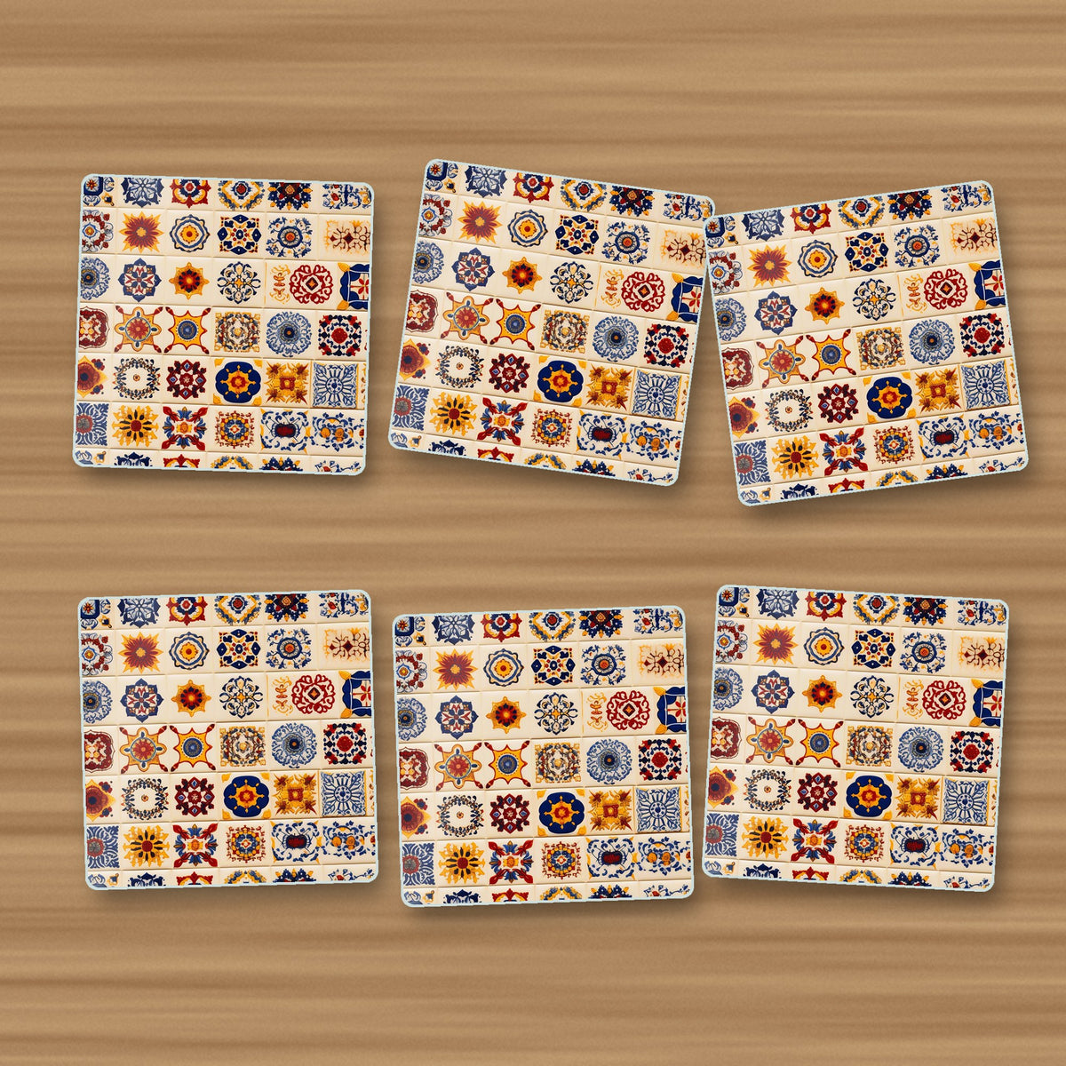 Blue & Orange Patterned Tiles square glass coasters, set of 6, on an oak coffee table