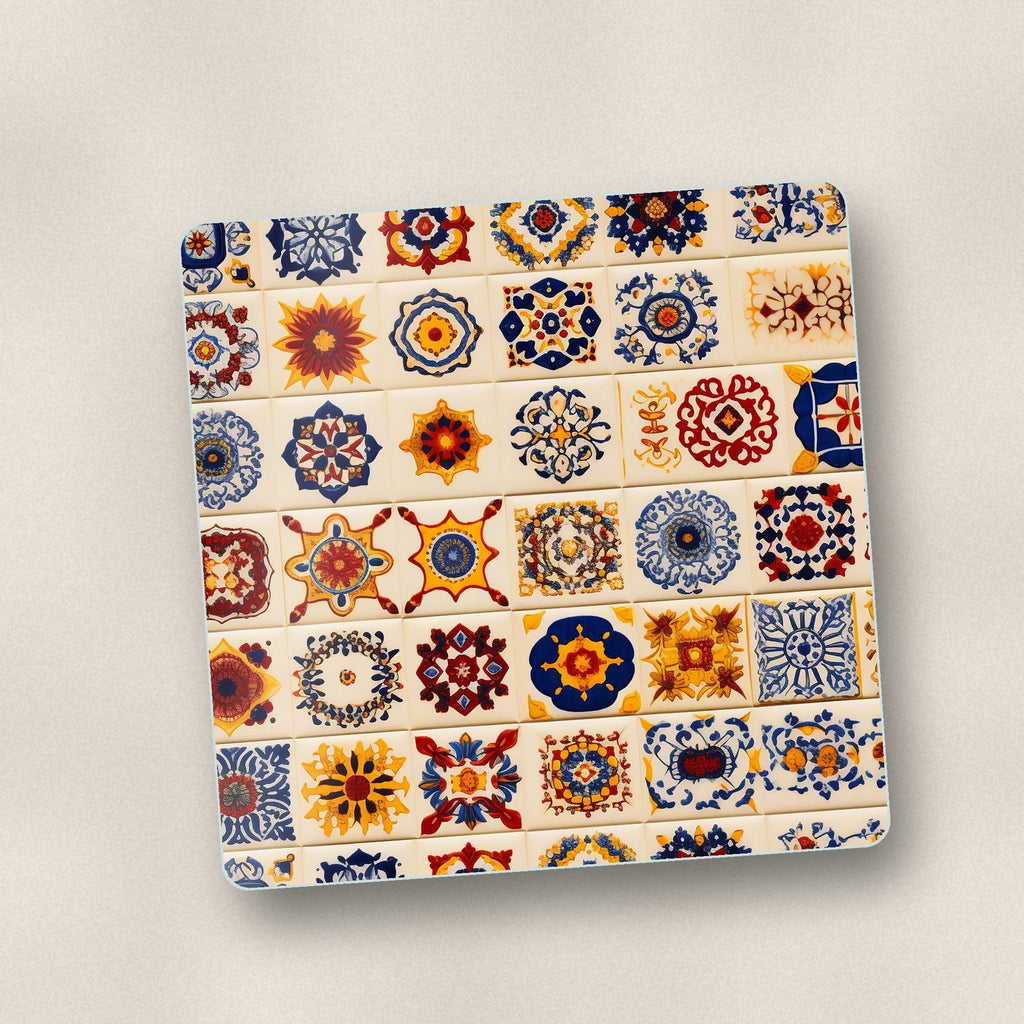 Close-up of one blue & orange patterned tiles square glass coaster, flat UV print