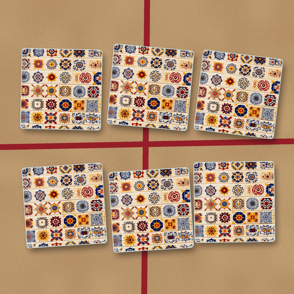 Blue & Orange Patterned Tiles square glass coasters on kraft gift wrap