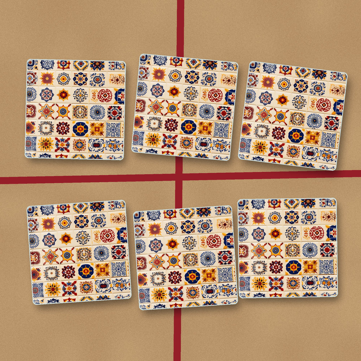 Blue & Orange Patterned Tiles square glass coasters on kraft gift wrap
