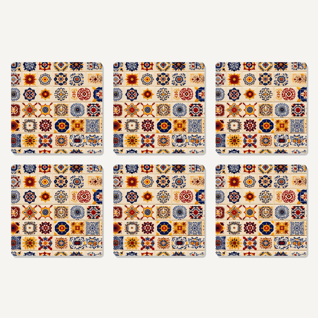 Flat lay of the blue & orange patterned tiles artwork on six square coasters