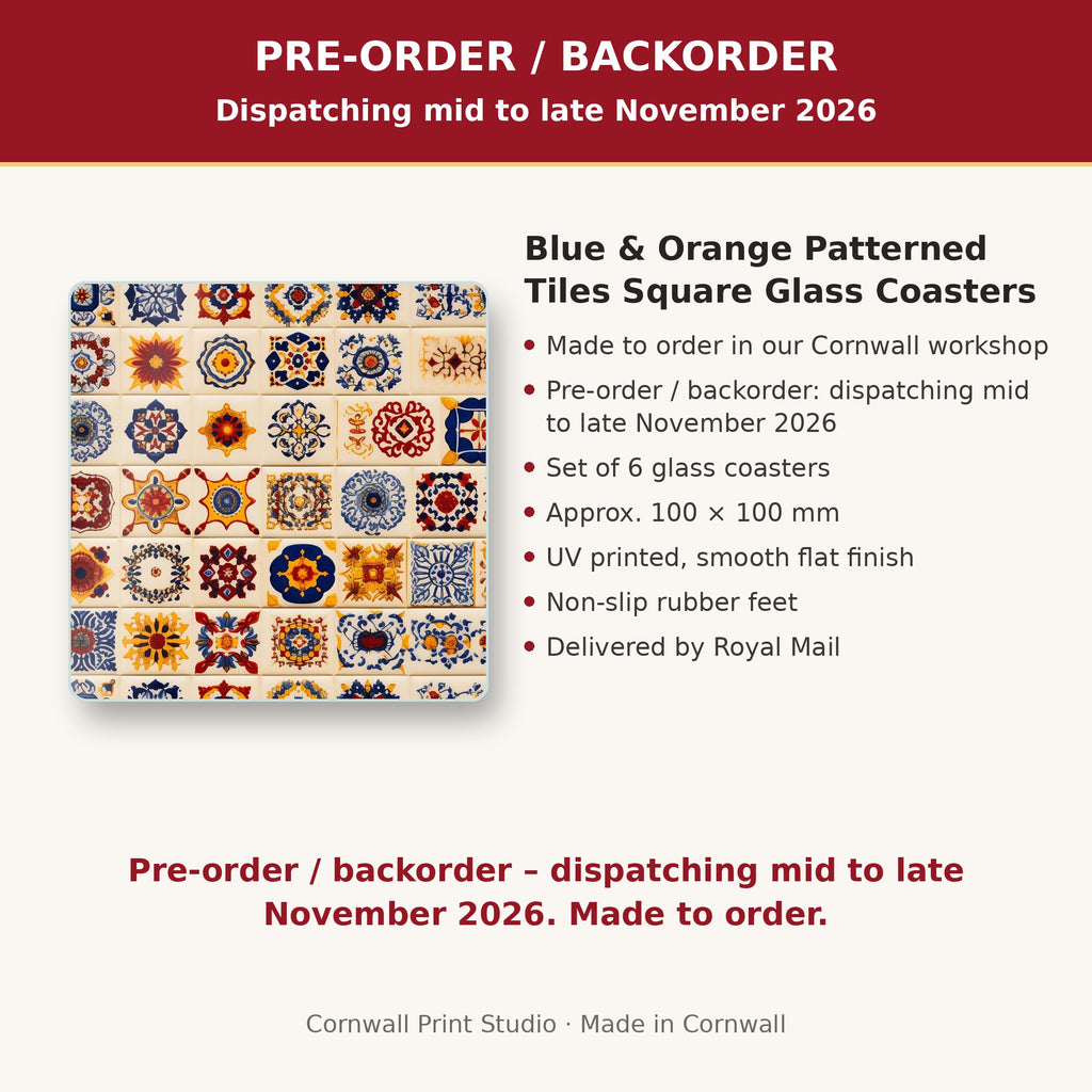 Info card: Blue & Orange Patterned Tiles Square Glass Coasters – Set of 6, made to order, dispatching mid to late November 2026, delivered by Royal Mail
