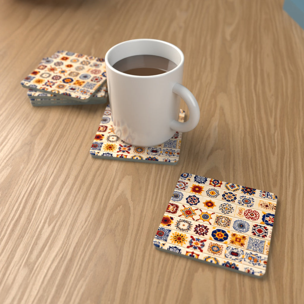 Blue & Orange Patterned Tiles Square Glass Coasters – Set of 6 – lifestyle mockup with a mug of coffee