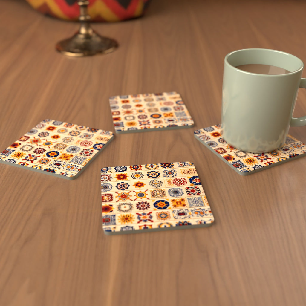 Blue & Orange Patterned Tiles Square Glass Coasters – Set of 6 – cosy lifestyle mockup