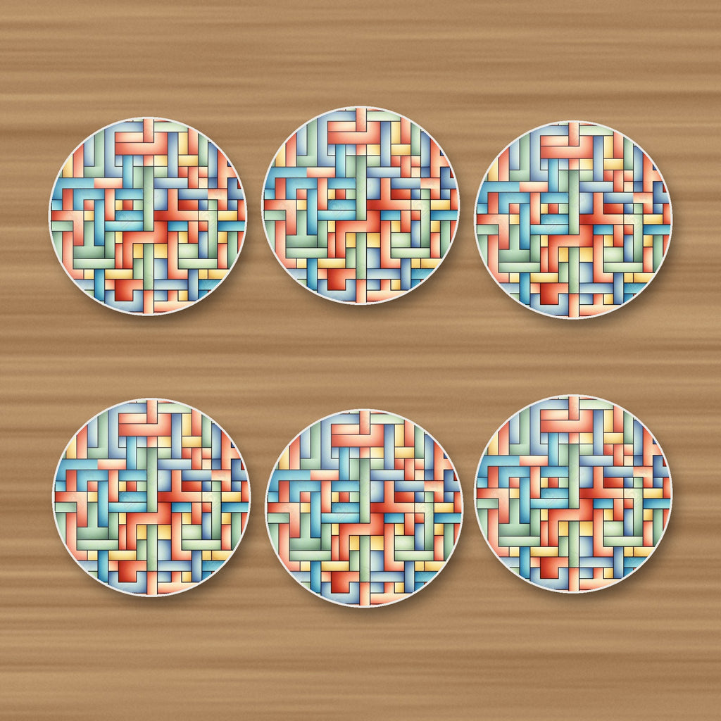 Pastel Basket Weave round ceramic coasters, set of 6, on an oak coffee table