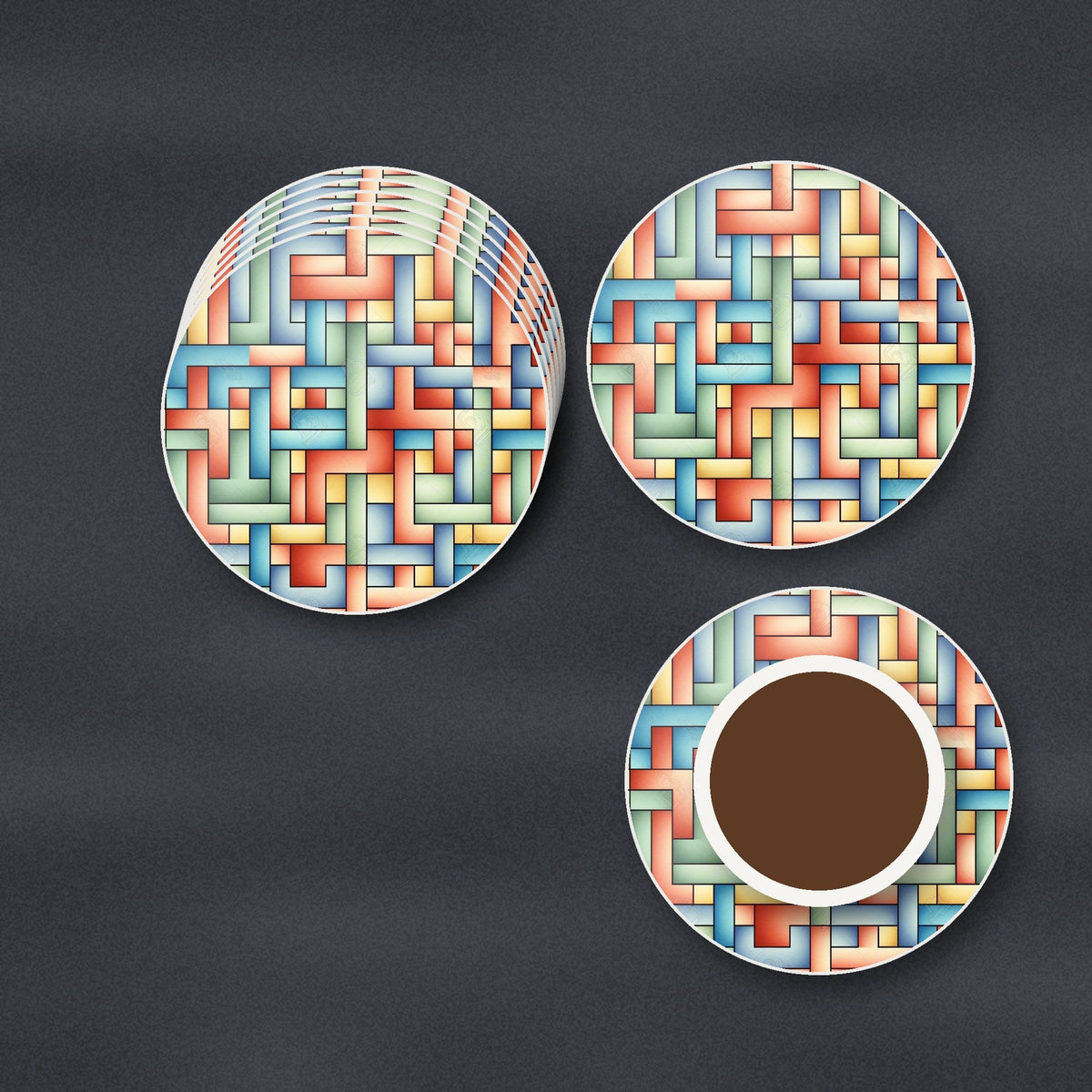 Pastel Basket Weave round ceramic coasters stacked on a slate kitchen worktop