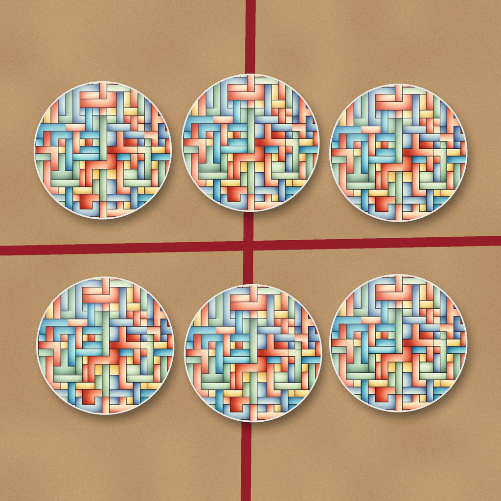 Pastel Basket Weave round ceramic coasters on kraft gift wrap