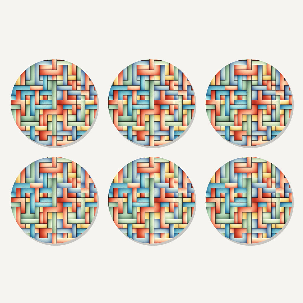 Flat lay of the pastel basket weave artwork on six round coasters