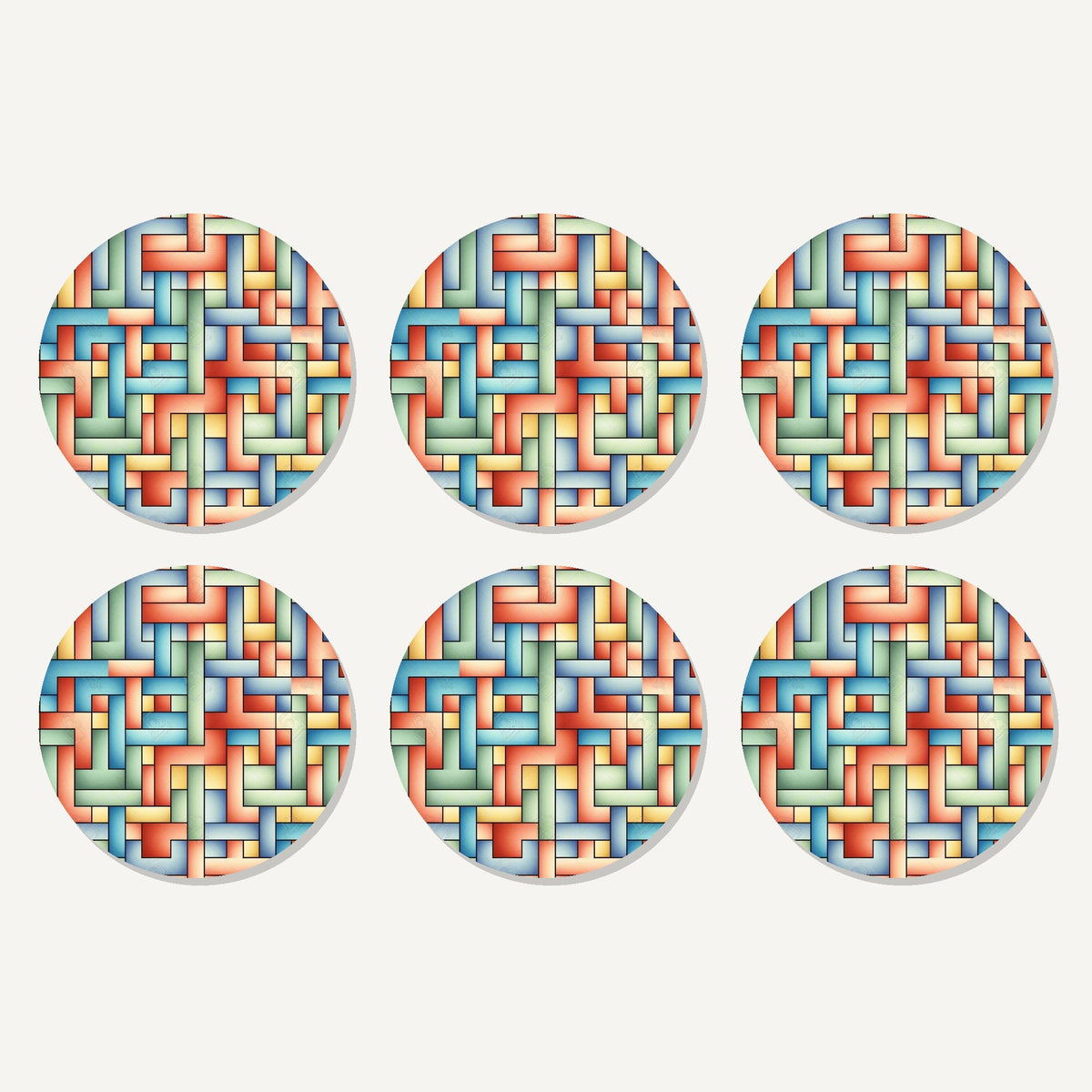 Flat lay of the pastel basket weave artwork on six round coasters