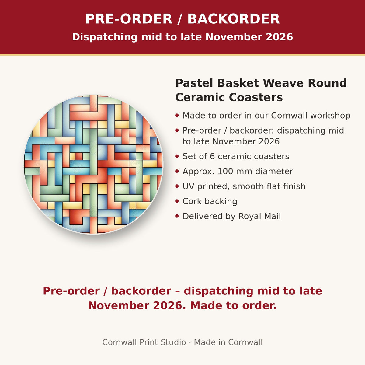 Info card: Pastel Basket Weave Round Ceramic Coasters – Set of 6, made to order, dispatching mid to late November 2026, delivered by Royal Mail