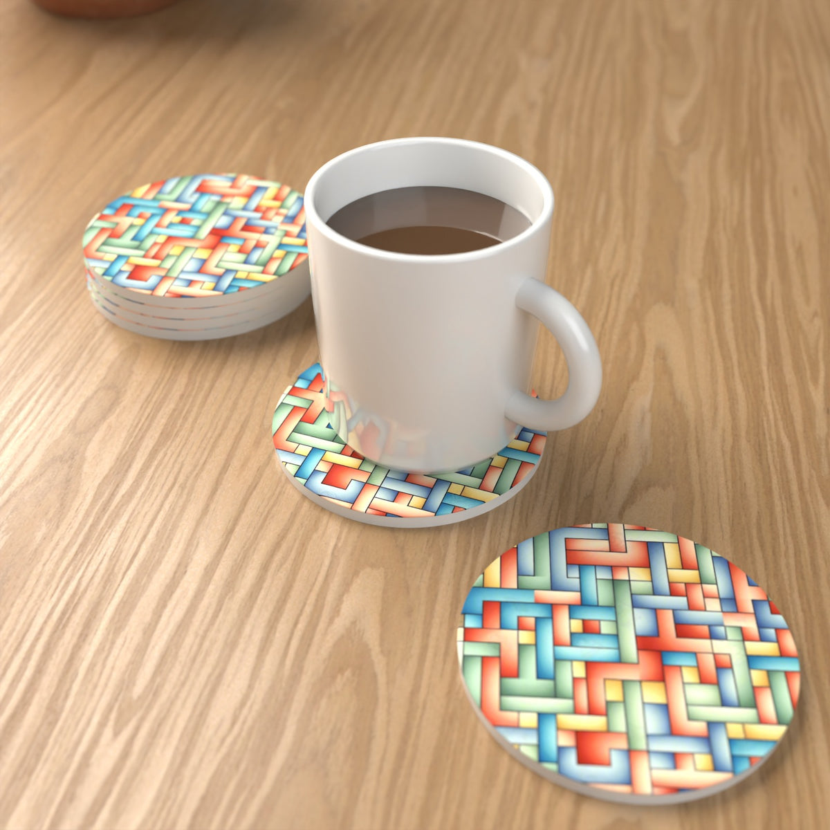 Pastel Basket Weave Round Ceramic Coasters – Set of 6 – lifestyle mockup with a mug of coffee