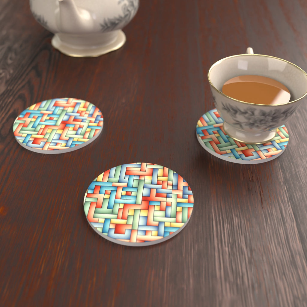 Pastel Basket Weave Round Ceramic Coasters – Set of 6 – lifestyle mockup with a teacup