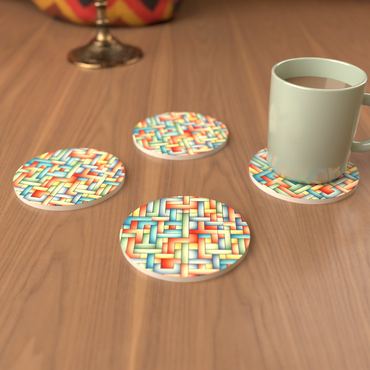 Pastel Basket Weave Round Ceramic Coasters – Set of 6 – cosy lifestyle mockup