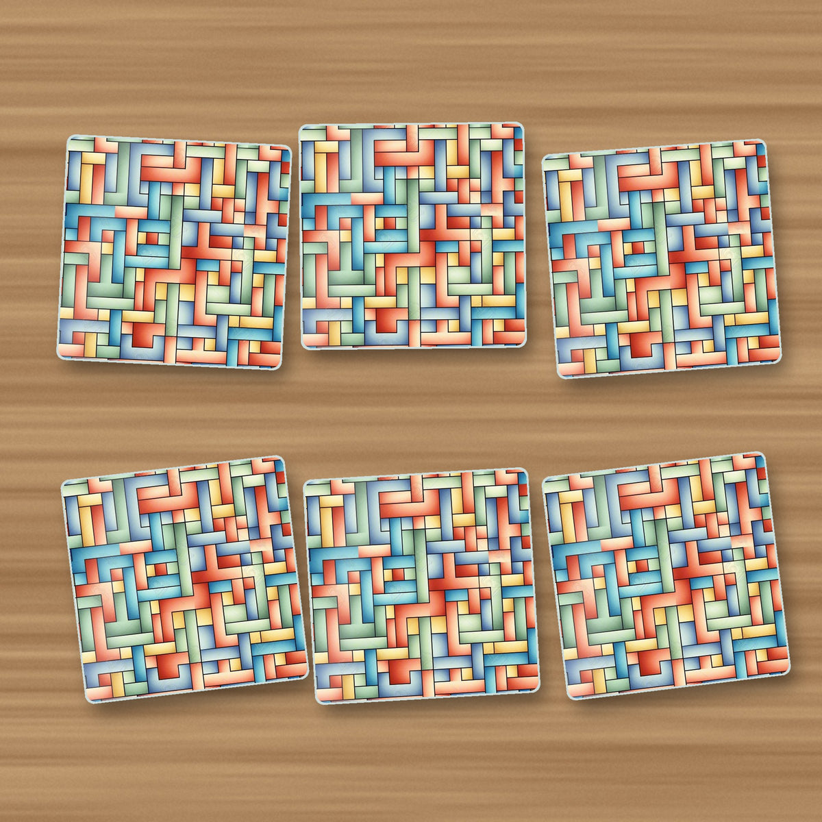 Pastel Basket Weave square glass coasters, set of 6, on an oak coffee table