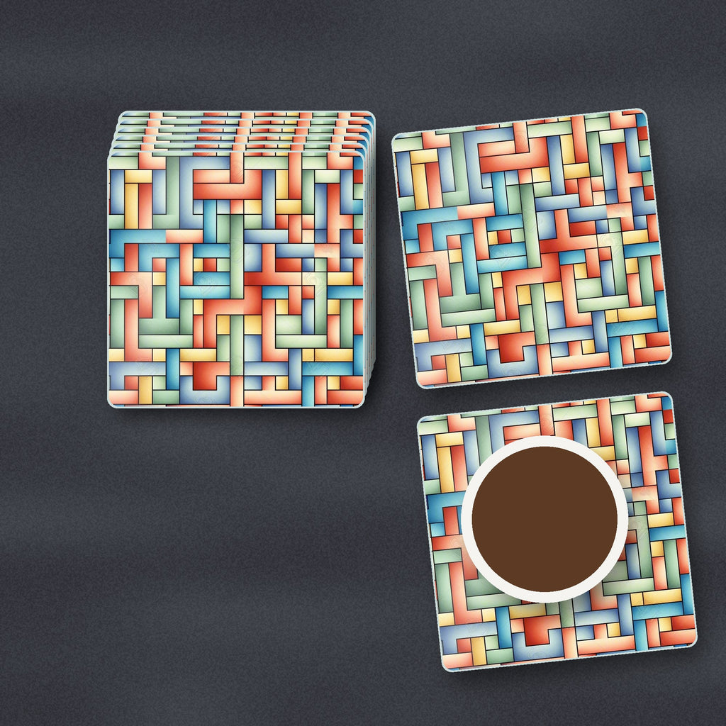 Pastel Basket Weave square glass coasters stacked on a slate kitchen worktop
