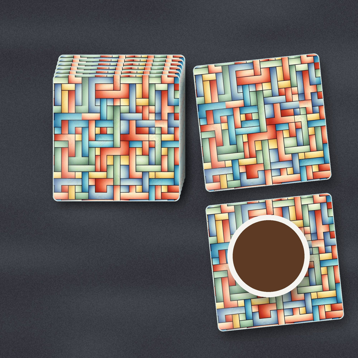 Pastel Basket Weave square glass coasters stacked on a slate kitchen worktop