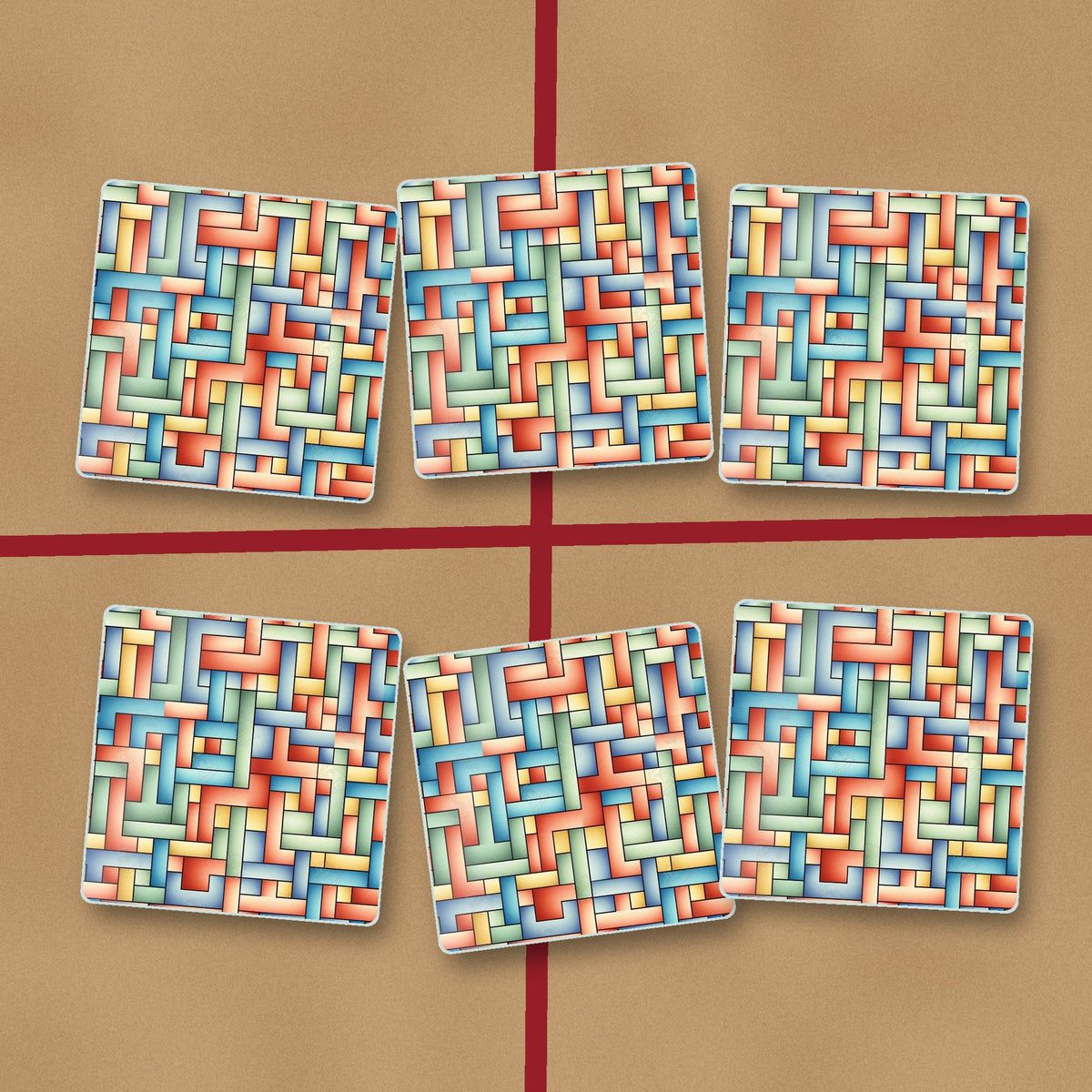 Pastel Basket Weave square glass coasters on kraft gift wrap