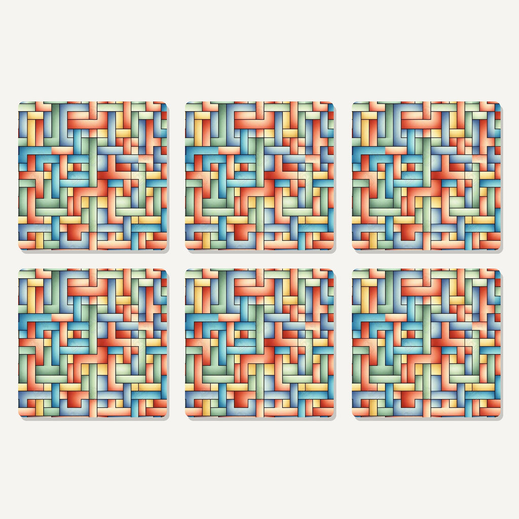 Flat lay of the pastel basket weave artwork on six square coasters