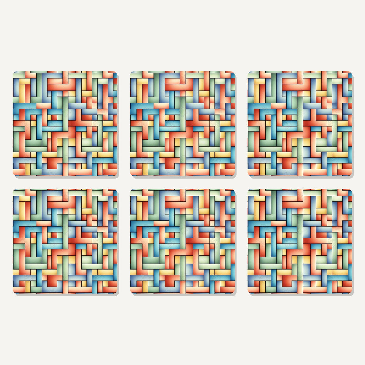 Flat lay of the pastel basket weave artwork on six square coasters