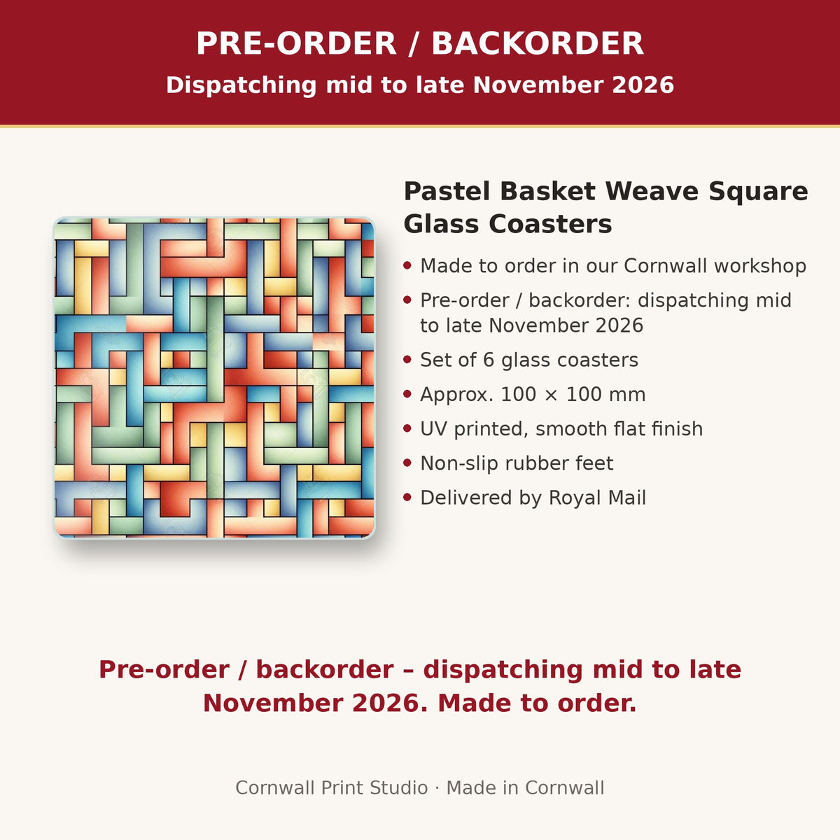 Info card: Pastel Basket Weave Square Glass Coasters – Set of 6, made to order, dispatching mid to late November 2026, delivered by Royal Mail