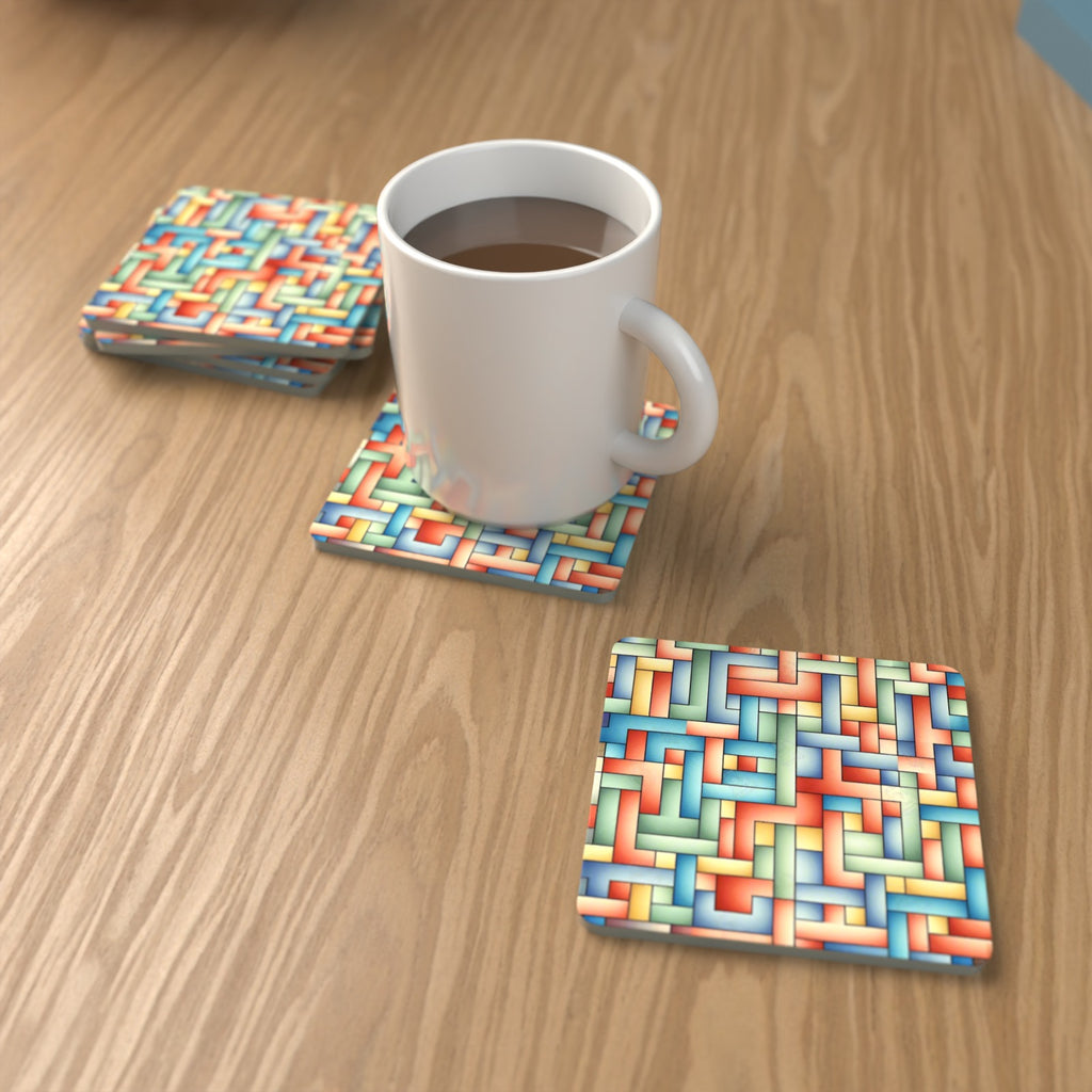 Pastel Basket Weave Square Glass Coasters – Set of 6 – lifestyle mockup with a mug of coffee