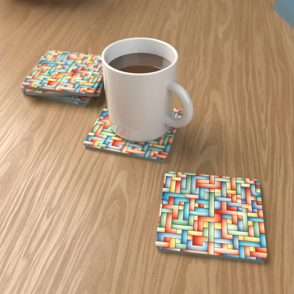 Pastel Basket Weave Square Glass Coasters – Set of 6 – lifestyle mockup with a mug of coffee