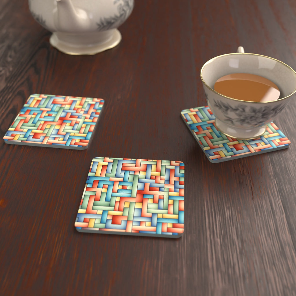 Pastel Basket Weave Square Glass Coasters – Set of 6 – lifestyle mockup with a teacup