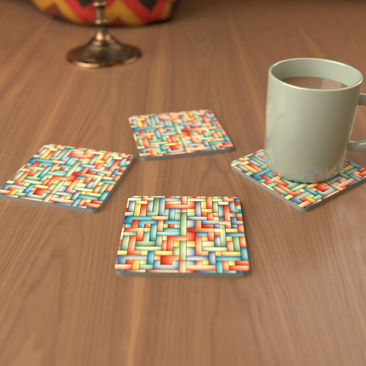 Pastel Basket Weave Square Glass Coasters – Set of 6 – cosy lifestyle mockup