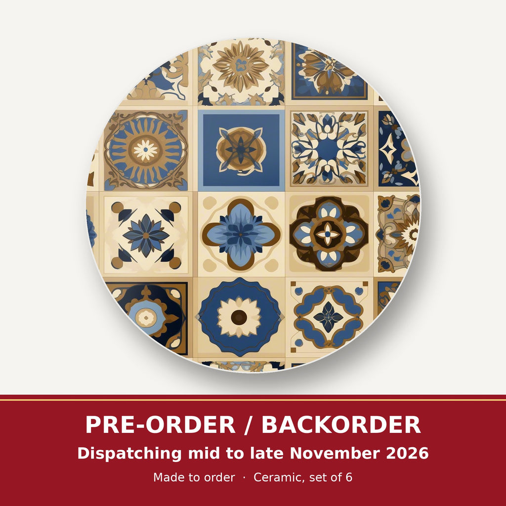 Navy & Gold Patterned Tiles round ceramic coaster set of 6 – pre-order / backorder, dispatching mid to late November 2026