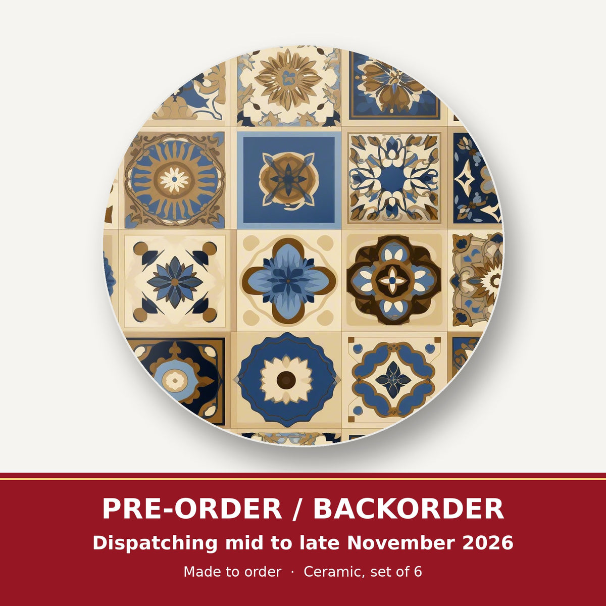 Navy & Gold Patterned Tiles round ceramic coaster set of 6 – pre-order / backorder, dispatching mid to late November 2026