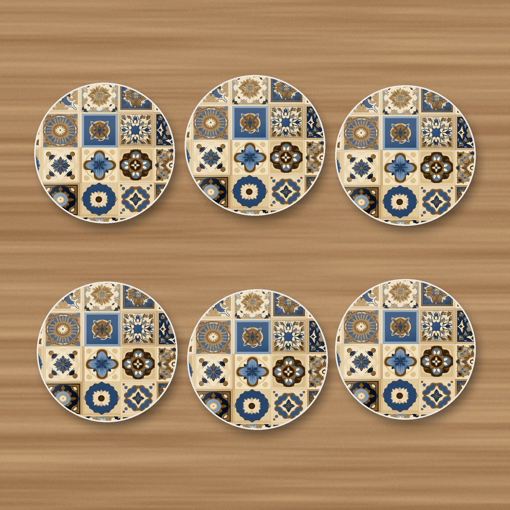 Navy & Gold Patterned Tiles round ceramic coasters, set of 6, on an oak coffee table