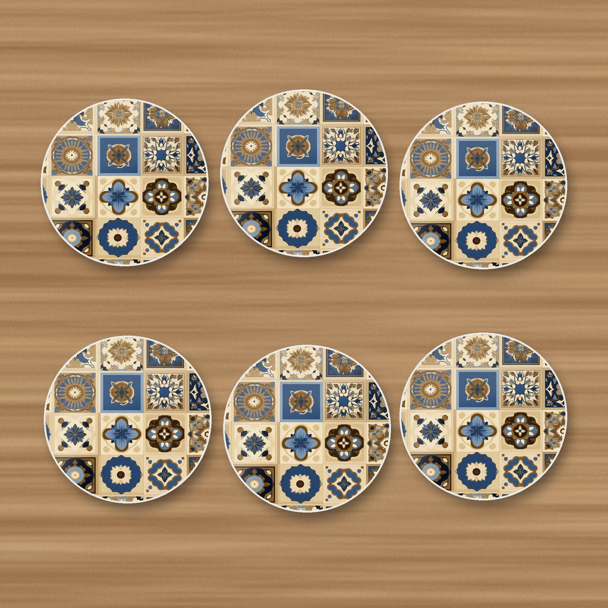 Navy & Gold Patterned Tiles round ceramic coasters, set of 6, on an oak coffee table