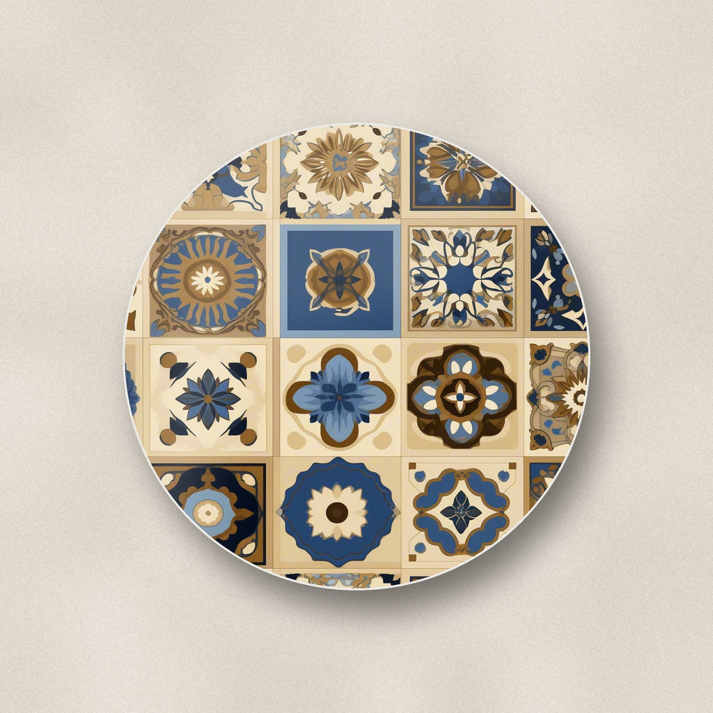 Close-up of one navy & gold patterned tiles round ceramic coaster, flat UV print