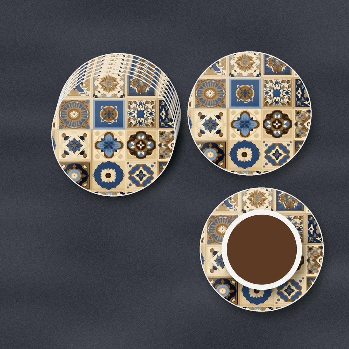 Navy & Gold Patterned Tiles round ceramic coasters stacked on a slate kitchen worktop