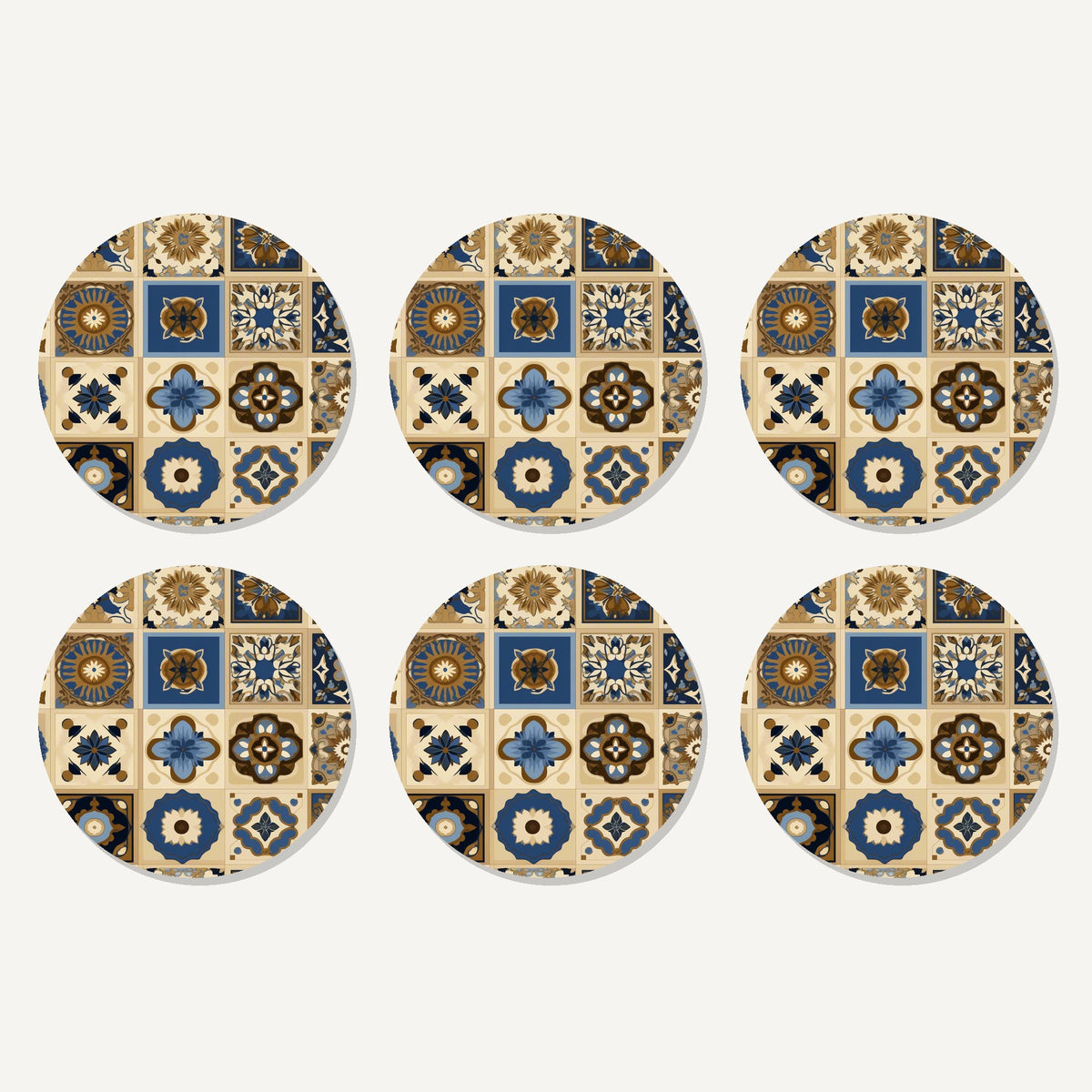 Flat lay of the navy & gold patterned tiles artwork on six round coasters