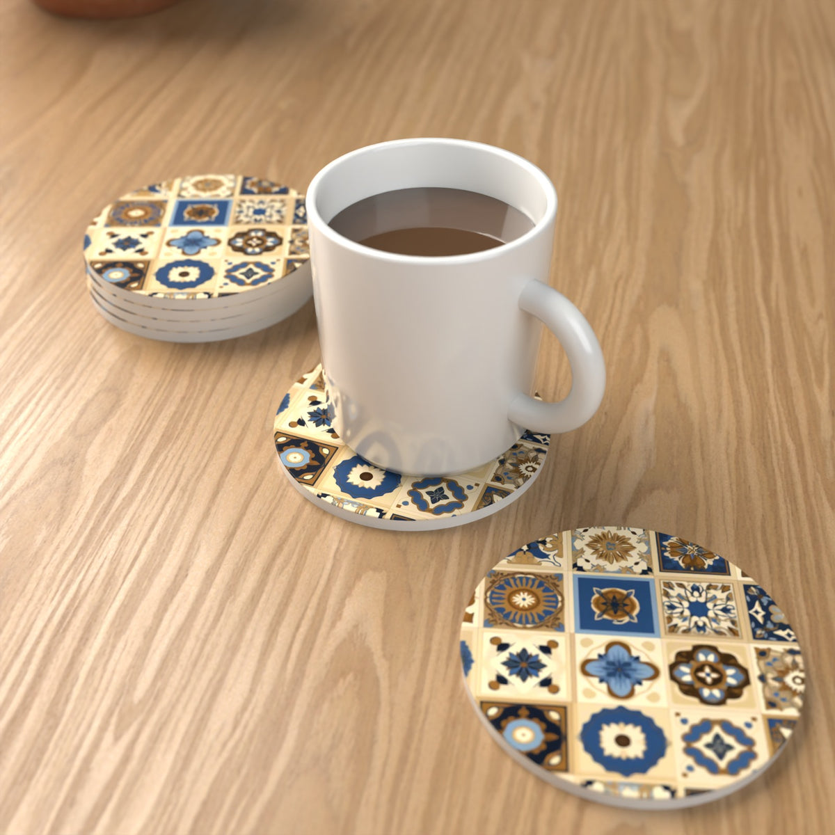 Navy & Gold Patterned Tiles Round Ceramic Coasters – Set of 6 – lifestyle mockup with a mug of coffee