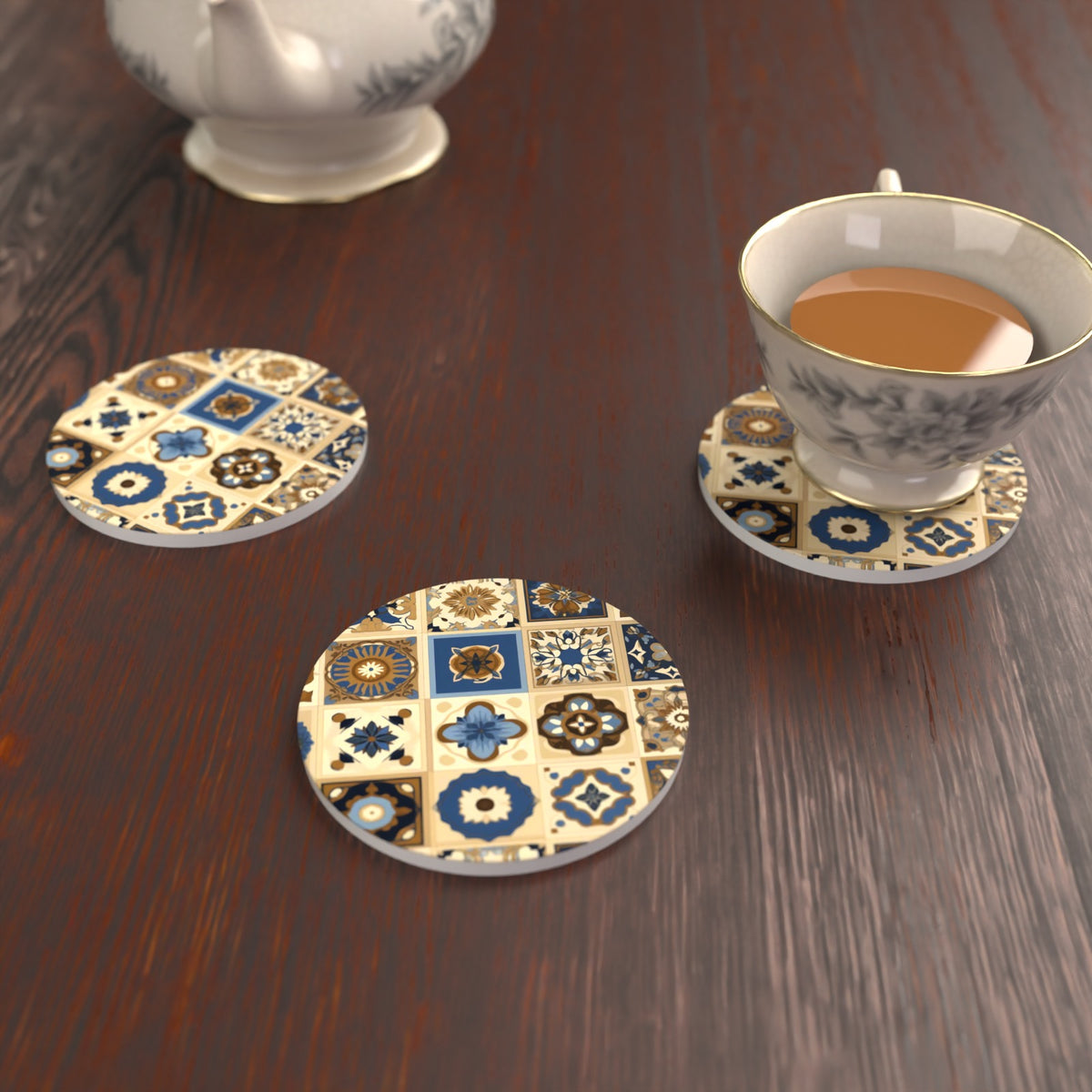 Navy & Gold Patterned Tiles Round Ceramic Coasters – Set of 6 – lifestyle mockup with a teacup