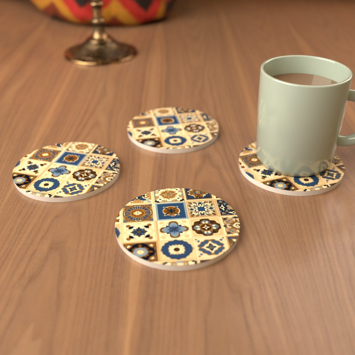 Navy & Gold Patterned Tiles Round Ceramic Coasters – Set of 6 – cosy lifestyle mockup