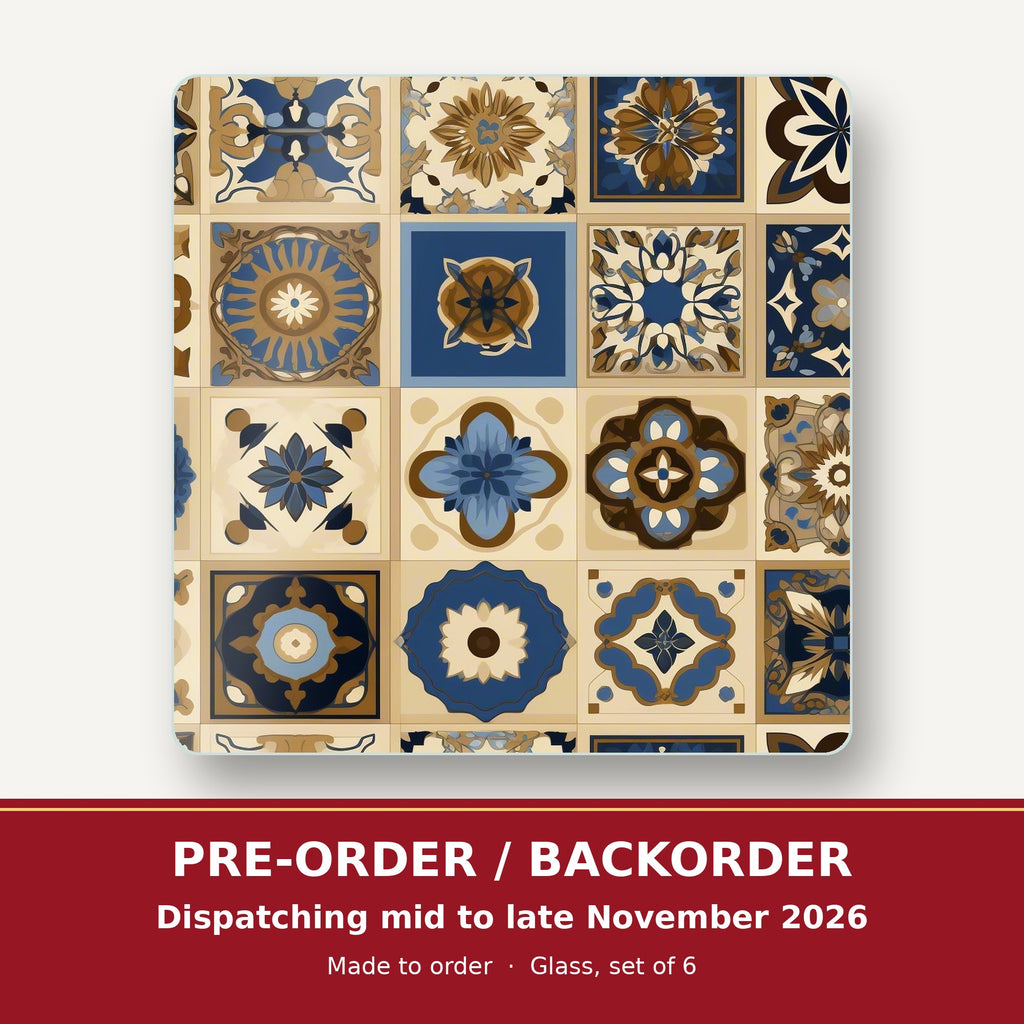 Navy & Gold Patterned Tiles square glass coaster set of 6 – pre-order / backorder, dispatching mid to late November 2026
