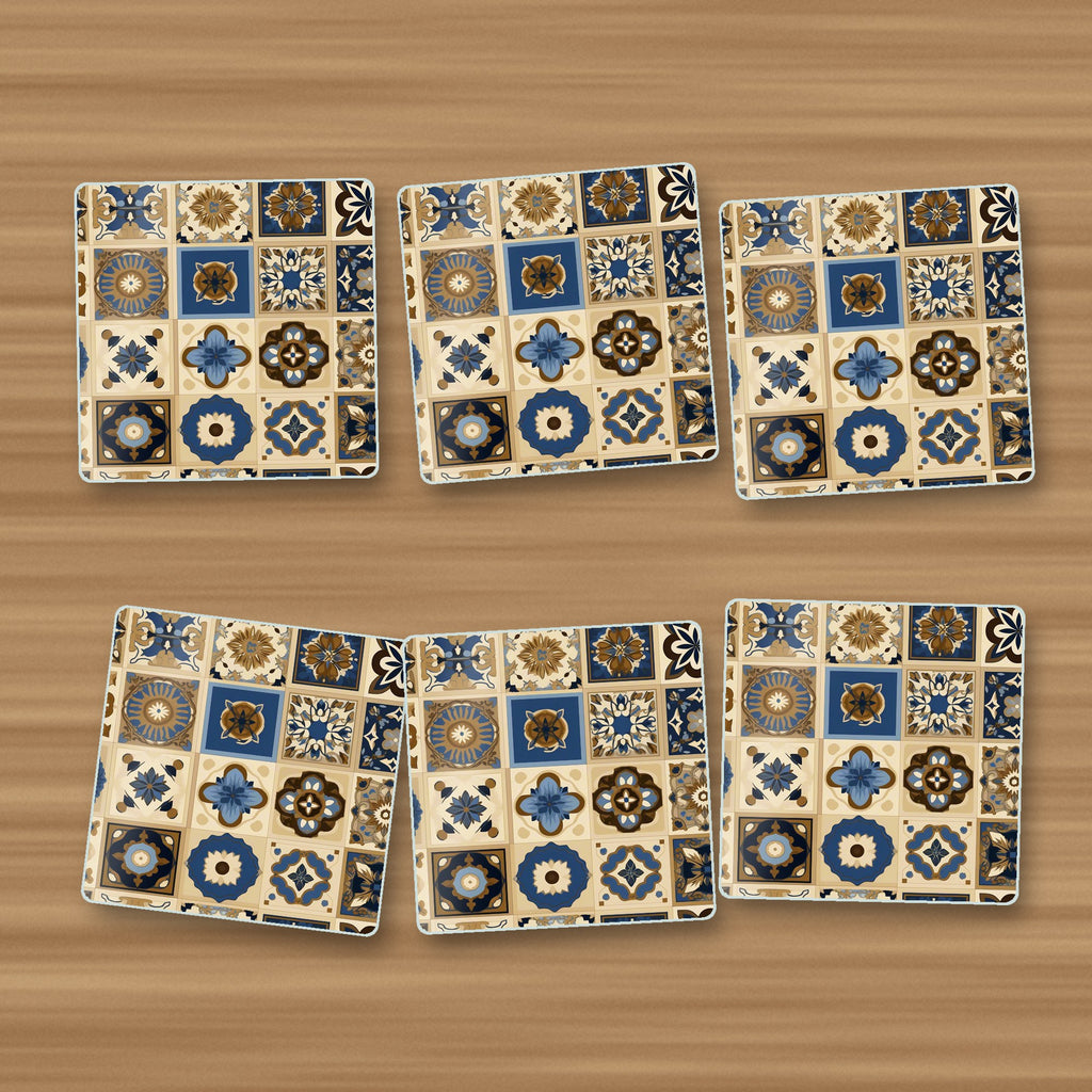 Navy & Gold Patterned Tiles square glass coasters, set of 6, on an oak coffee table