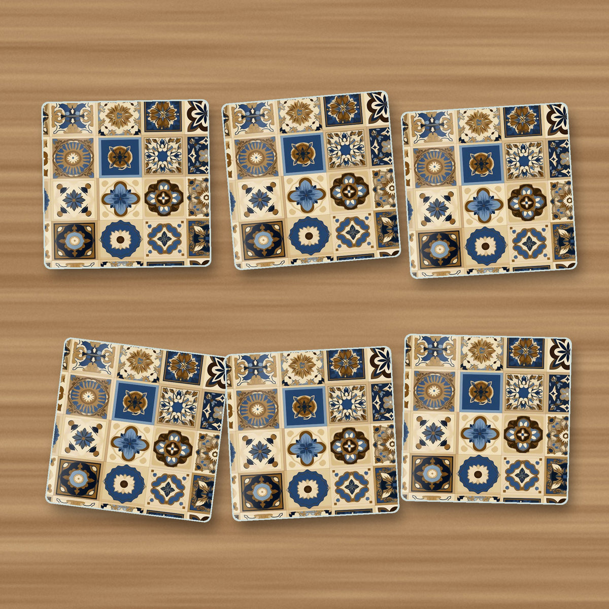 Navy & Gold Patterned Tiles square glass coasters, set of 6, on an oak coffee table