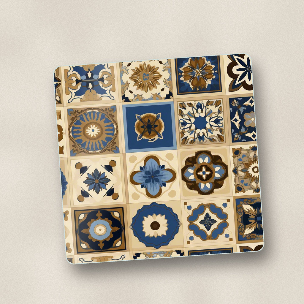 Close-up of one navy & gold patterned tiles square glass coaster, flat UV print