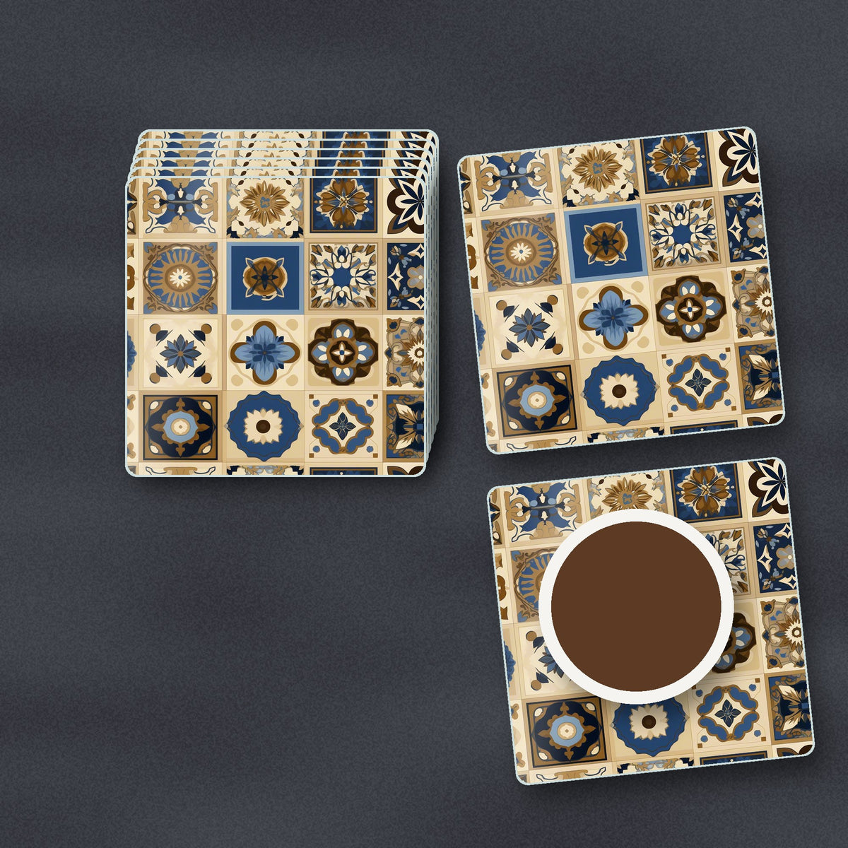 Navy & Gold Patterned Tiles square glass coasters stacked on a slate kitchen worktop