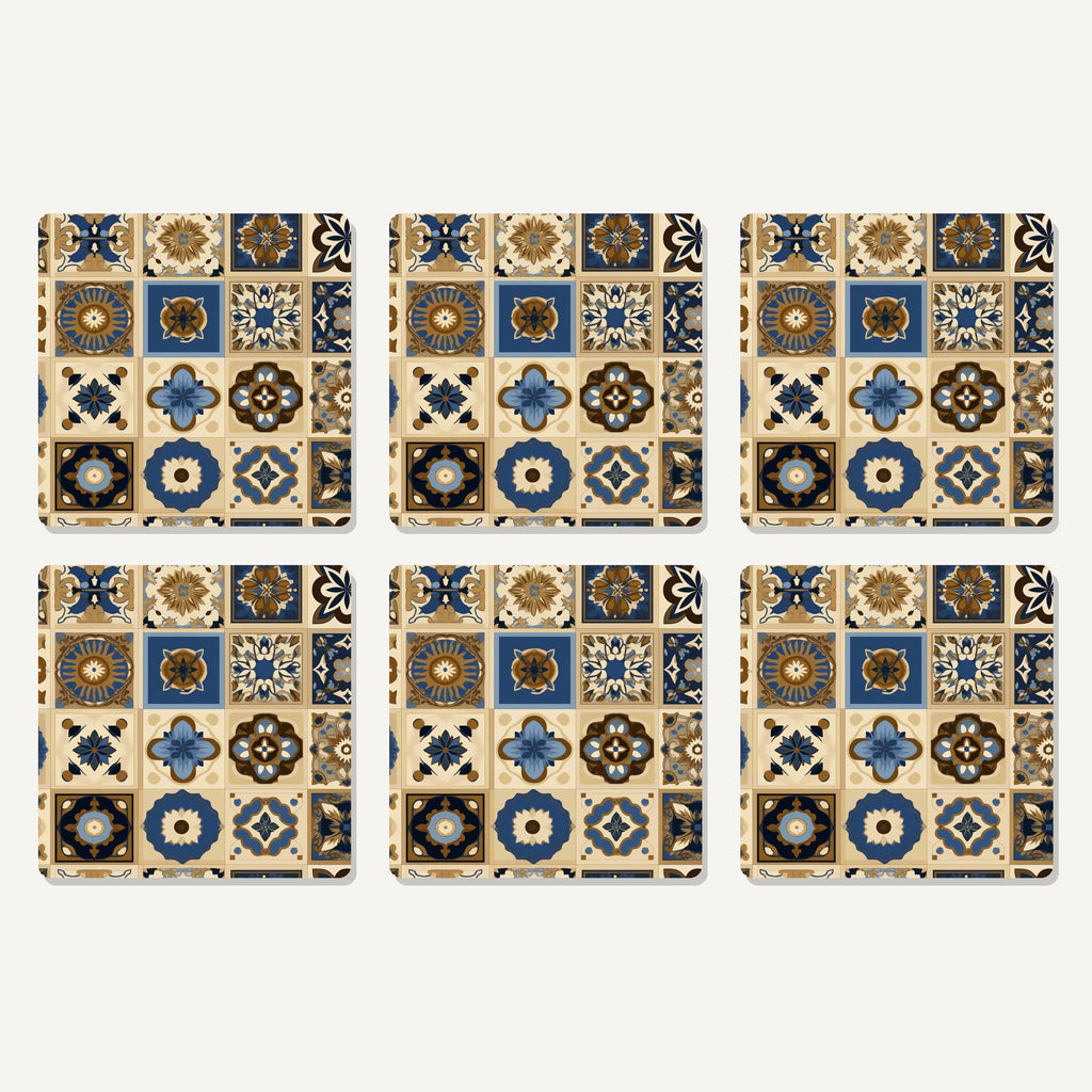 Flat lay of the navy & gold patterned tiles artwork on six square coasters