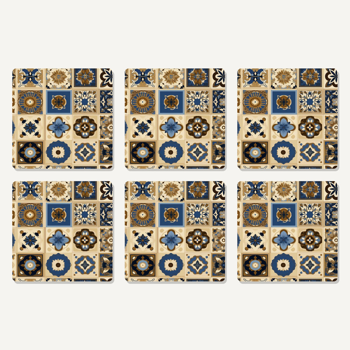 Flat lay of the navy & gold patterned tiles artwork on six square coasters