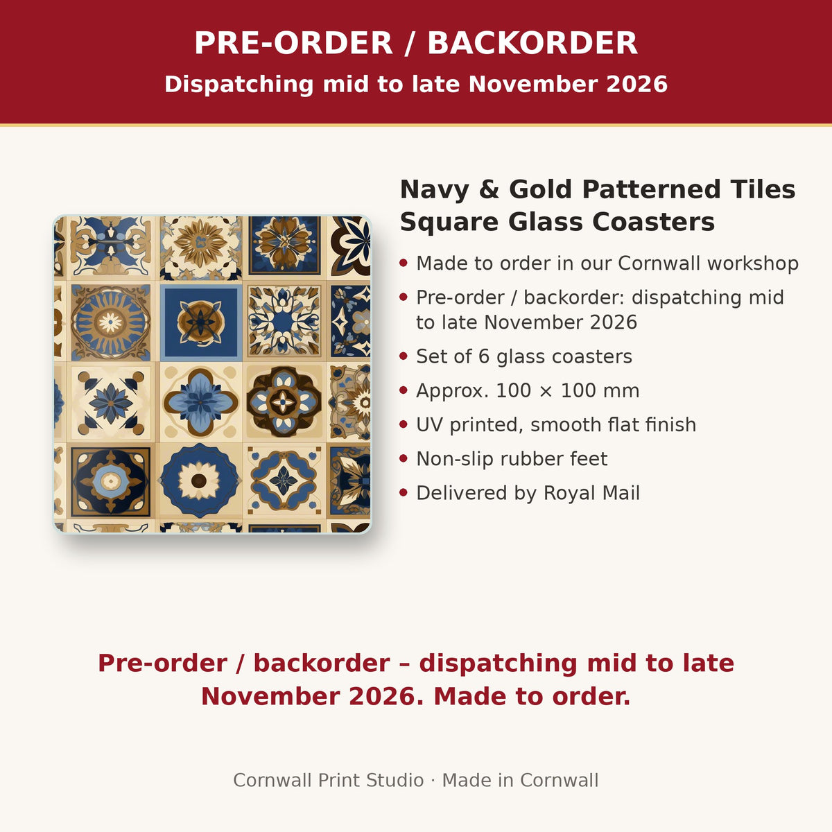 Info card: Navy & Gold Patterned Tiles Square Glass Coasters – Set of 6, made to order, dispatching mid to late November 2026, delivered by Royal Mail